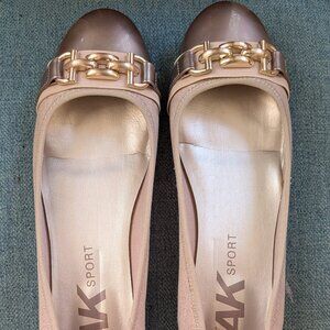 AK Sport Dressy Taupe Ballet Flats, Iridescent Fabric,  Patent Toe, Buckle 11M